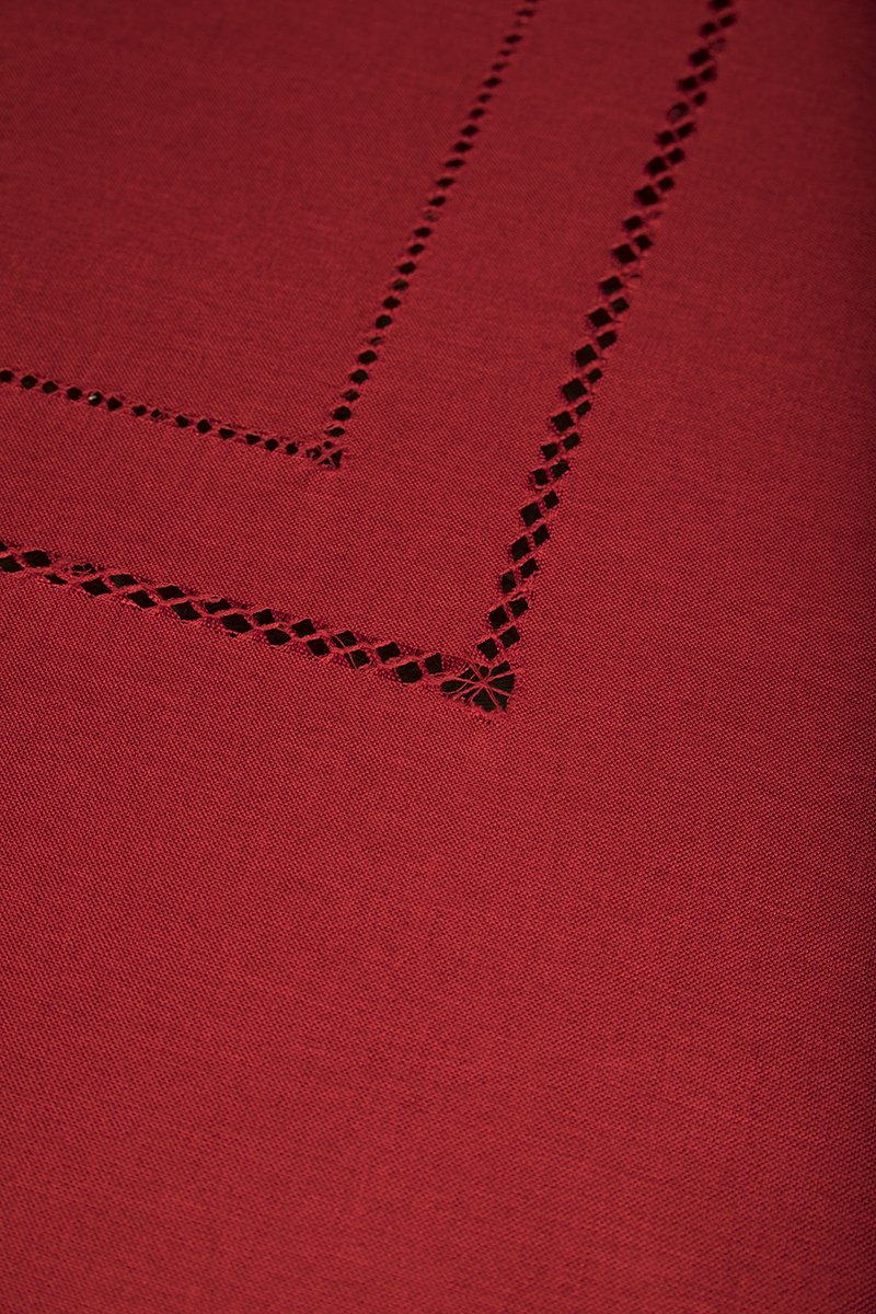 XD11099 Double Hemstitch Tablecloth in various colors with intricate cutwork trim, perfect for elegant dining settings.