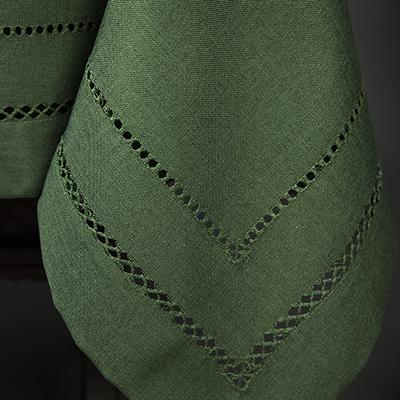 XD11099 Double Hemstitch Tablecloth in various colors with intricate cutwork trim, perfect for elegant dining settings.
