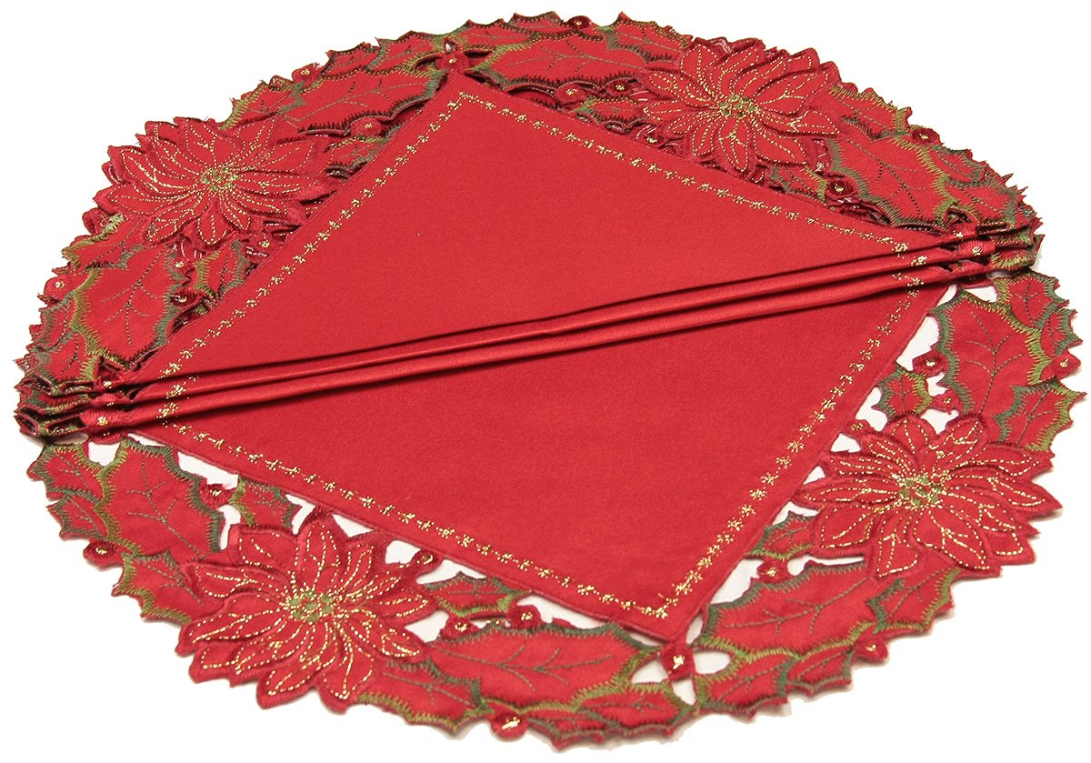 Set of 4 round holiday doilies featuring intricate poinsettia embroidery and glistening accents, perfect for Christmas table settings.