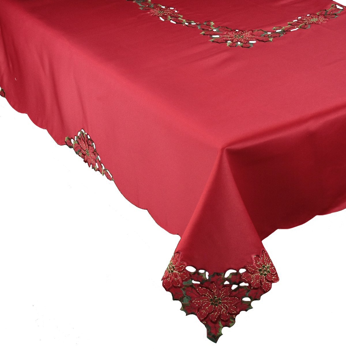 XD10982 Holiday Spirit Tablecloth featuring intricate poinsettia embroidery and cutwork with glistening accents, perfect for Christmas dining.