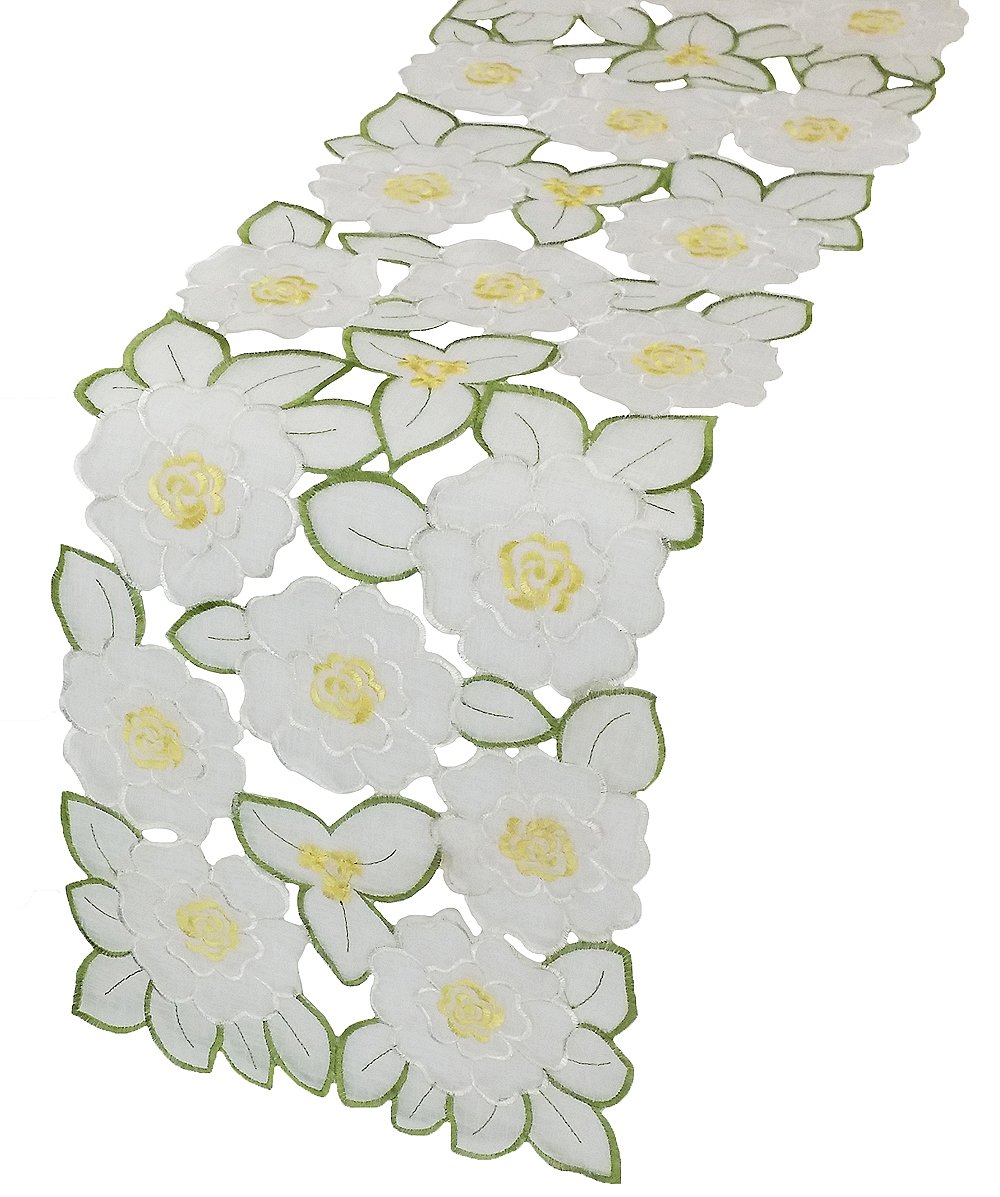 XD12057 Dainty Flowers Table Runner featuring intricate floral embroidery on sheer fabric, perfect for elegant dining settings.
