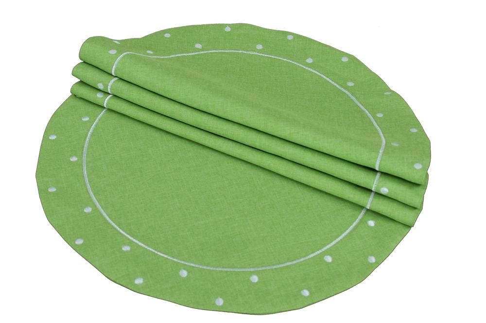 Set of 4 XD13015 Polka Dot Round Placemats in vibrant colors with embroidered polka dots, perfect for dining tables.