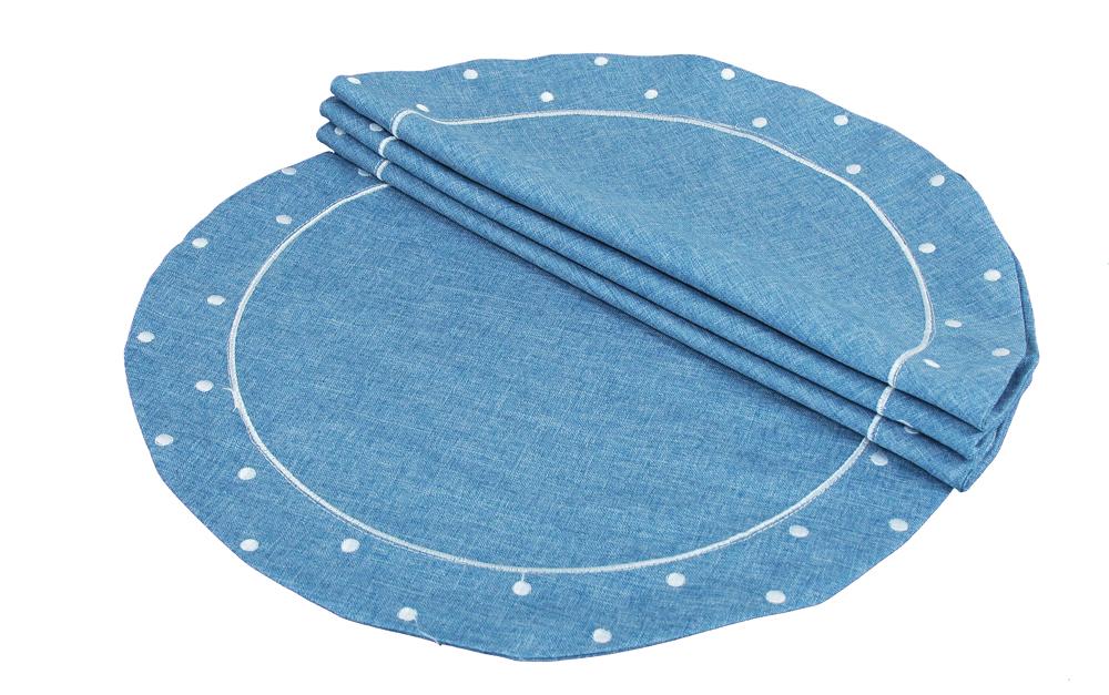 Set of 4 XD13015 Polka Dot Round Placemats in vibrant colors with embroidered polka dots, perfect for dining tables.