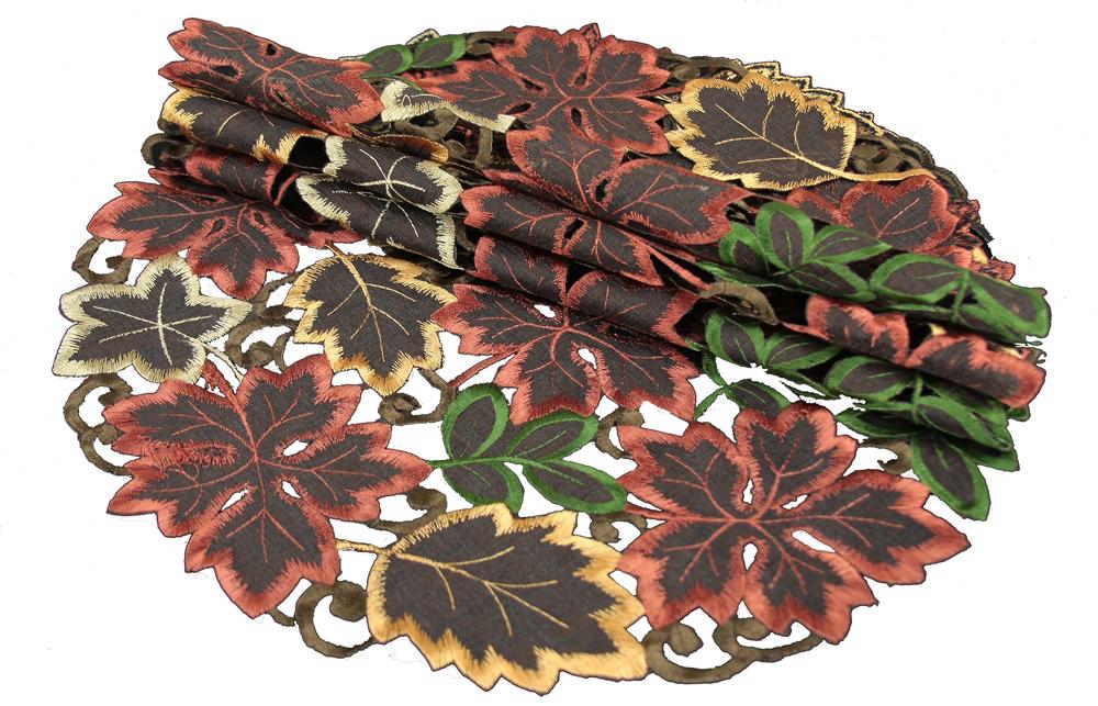 Set of 4 XD13019 Dainty Leaf Doilies featuring intricate autumn leaf embroidery on rich mocha sheer fabric.