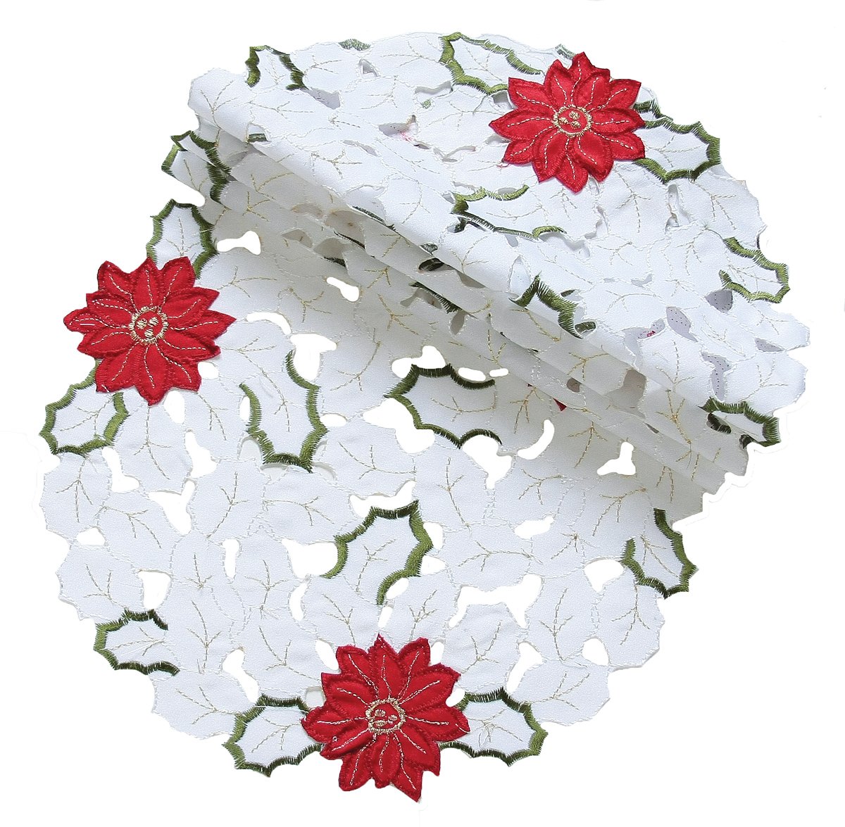 Set of 4 Holiday Poinsettia Doilies featuring intricate embroidery and cutwork in classic holiday colors.