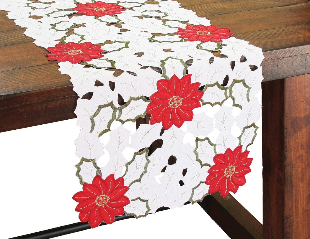 XD13024 Holiday Poinsettia Table Runner featuring intricate embroidery and cutwork in classic holiday colors.