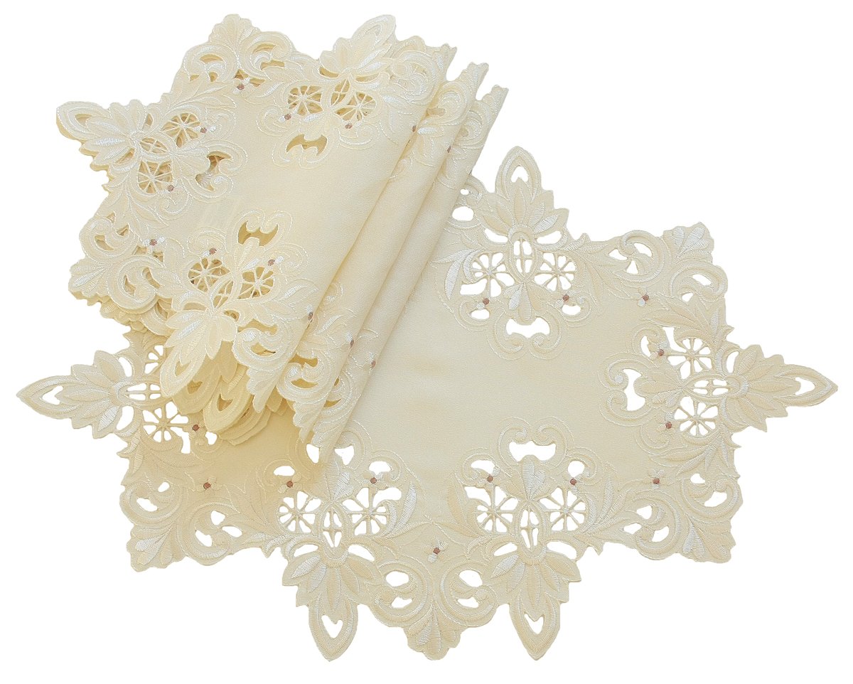 Set of 4 XD13988 Victorian Lace Placemats in Ivory and Taupe with intricate scalloped cutwork and embroidery design.