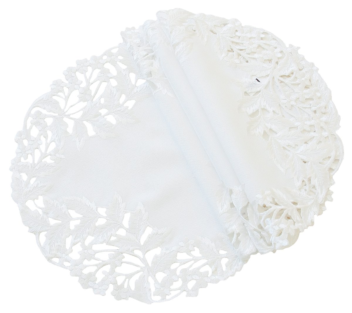 Set of 4 XD14025 Arietta Embroidered Doilies featuring delicate floral designs on a crisp white background, perfect for elegant table settings.