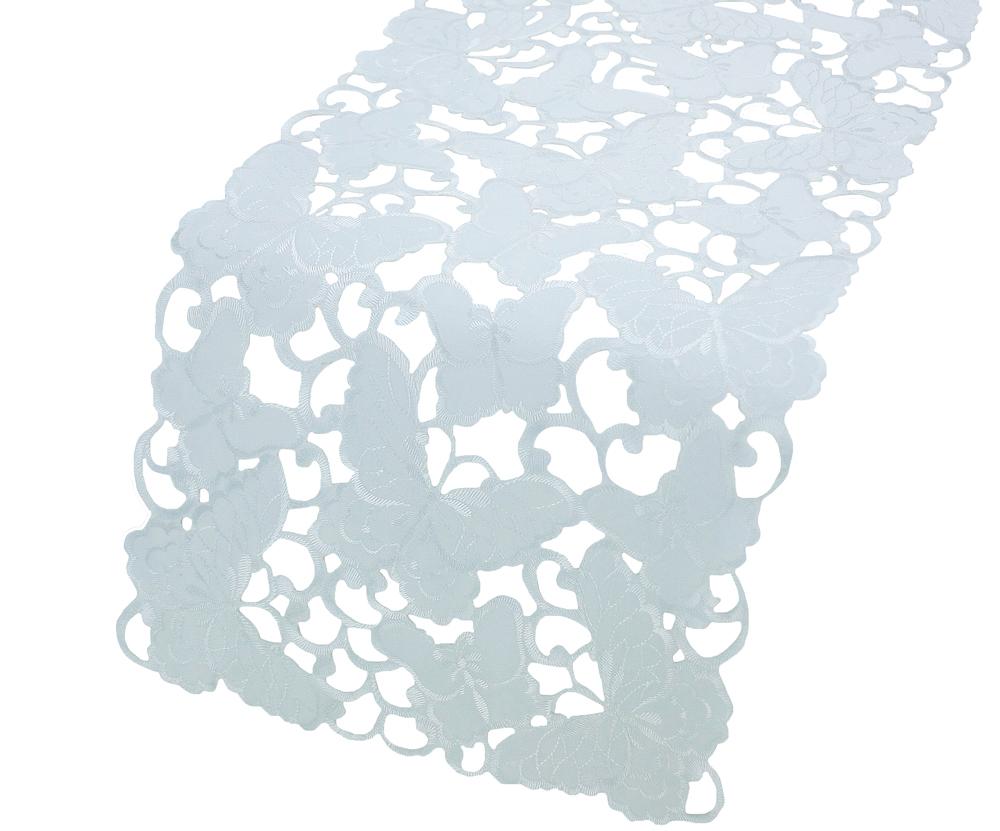 XD14009 Mariposa Table Runner featuring embroidered butterflies on cutwork linens, perfect for spring table settings.