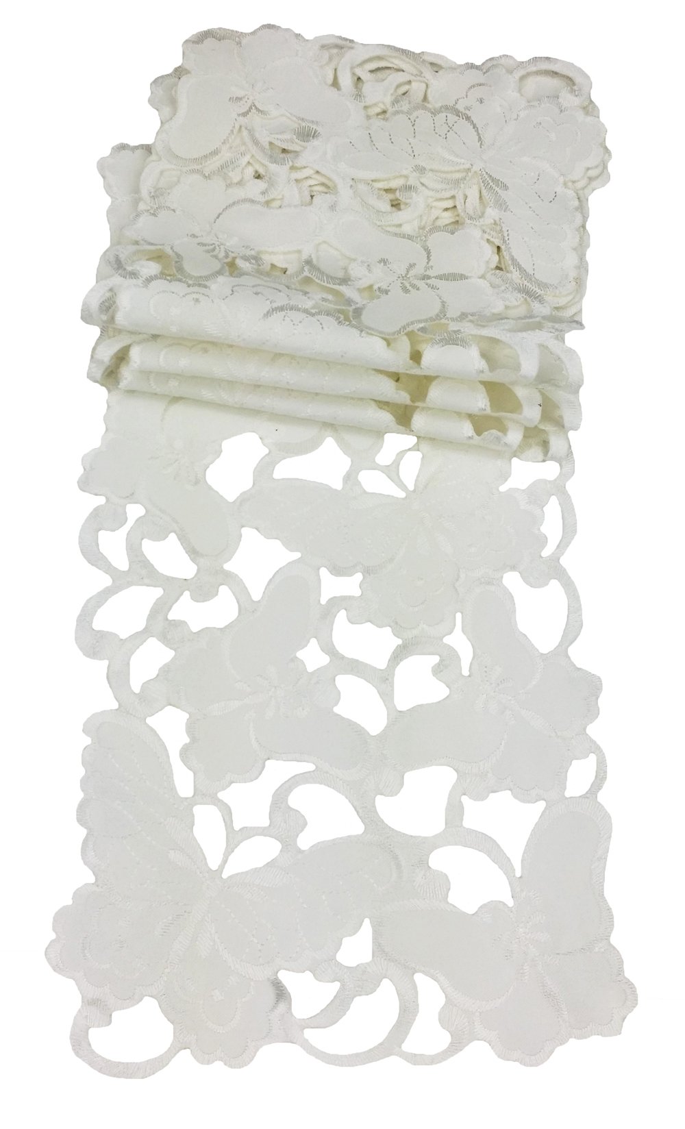 Set of 4 XD14009 Mariposa Traycloths featuring embroidered butterflies on elegant white fabric, perfect for spring table settings.