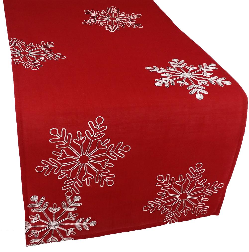 XD14103 Snowflake Table Runner featuring intricate snowflake embroidery on a classic red background, perfect for holiday decor.
