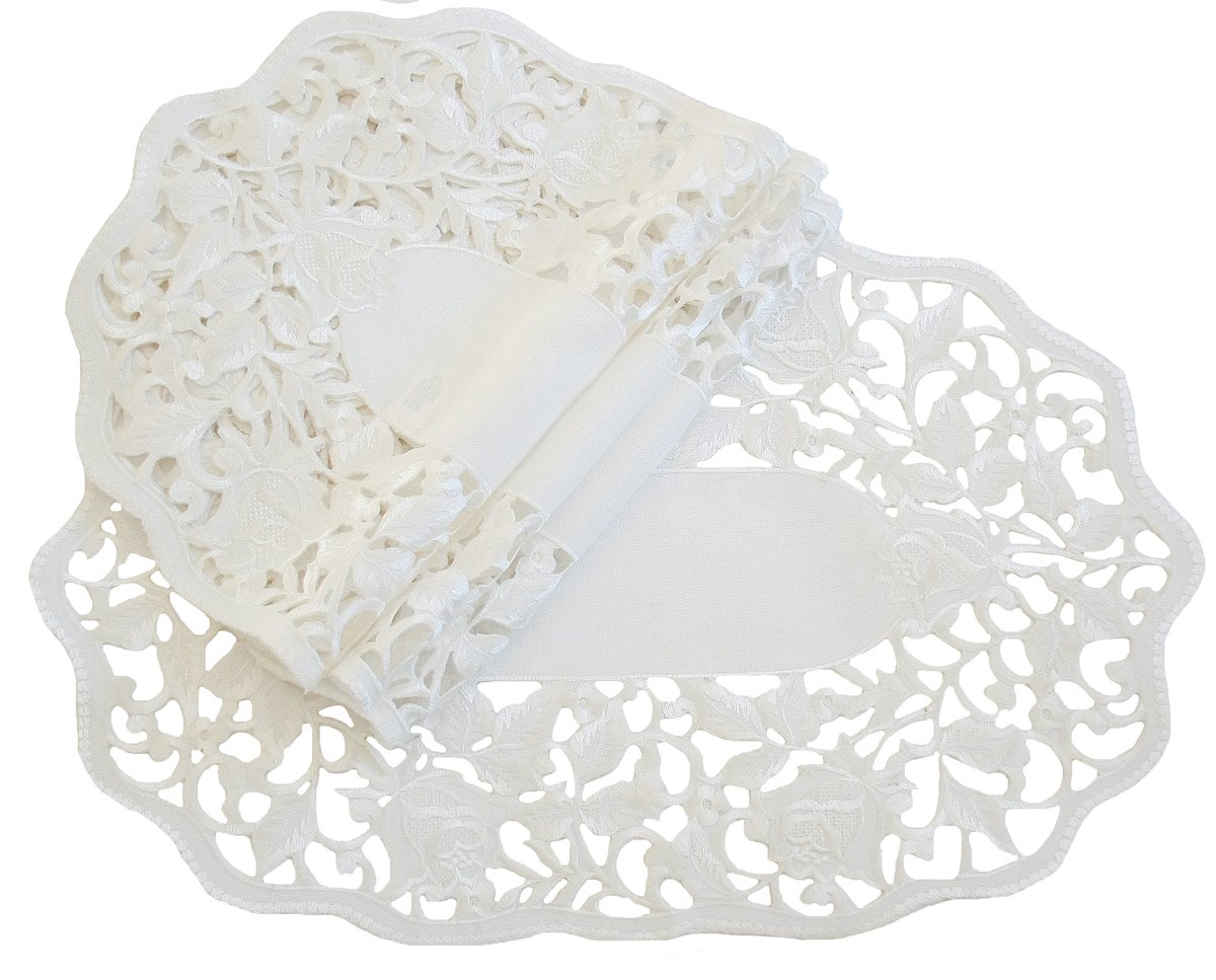 Set of 4 XD14118 Somerset Floral Placemats featuring elegant roses and intricate cutwork design on white linen.
