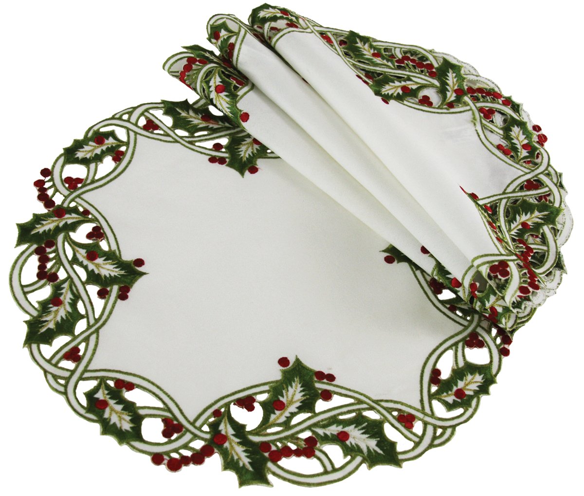 Set of 4 XD14791 Holly Embroidered Doilies featuring intricate holly leaf embroidery on a crisp background.