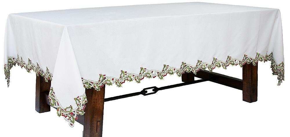 XD14791 Holly Embroidered Tablecloth featuring intricate holly embroidery and cutwork on a crisp background, perfect for holiday decor.