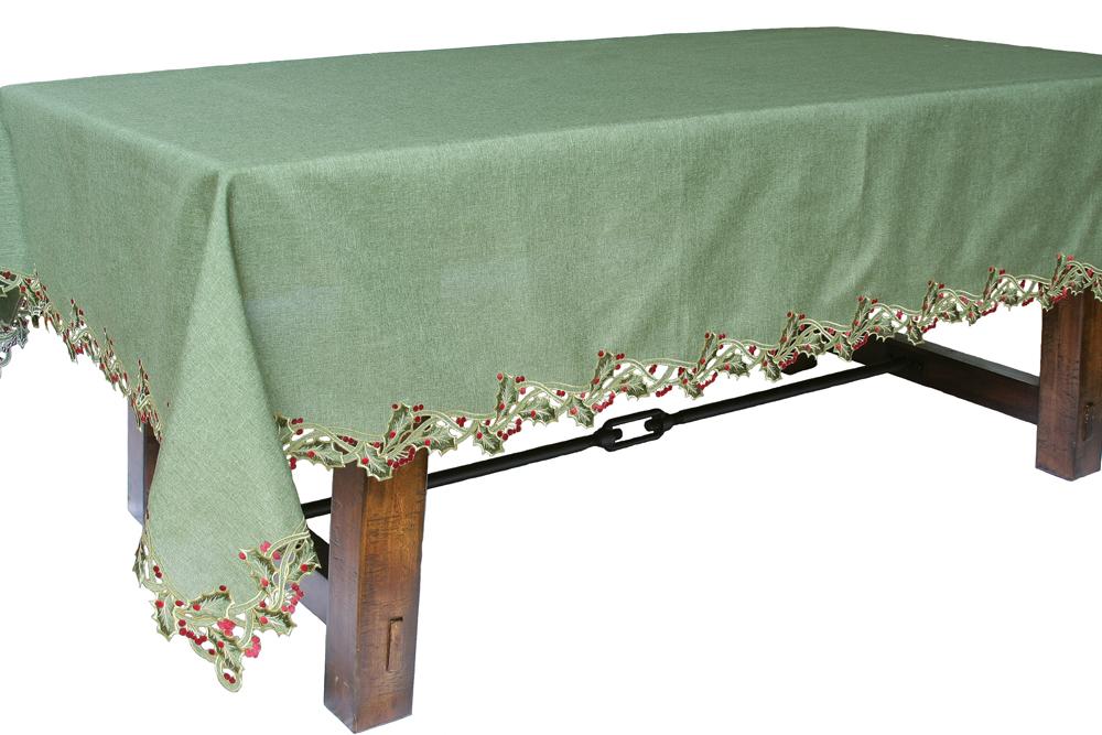XD14791 Holly Embroidered Tablecloth featuring intricate holly embroidery and cutwork on a crisp background, perfect for holiday decor.