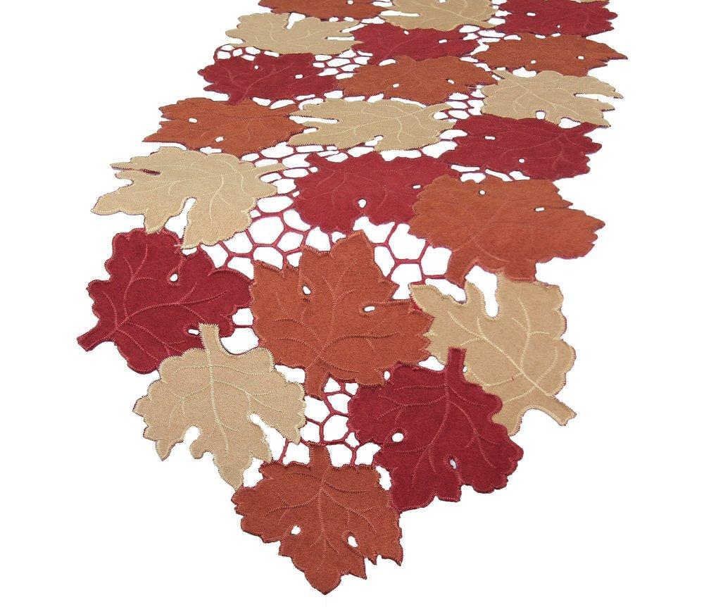 XD14981 Cutwork Leaves Table Runner featuring intricate autumn leaf designs in cutwork, made from durable polyester suede.