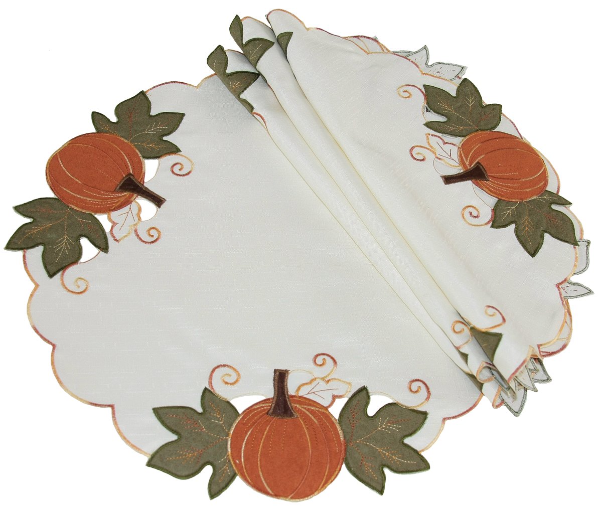 Set of 4 round placemats featuring intricate pumpkin patch embroidery, perfect for fall dining decor.