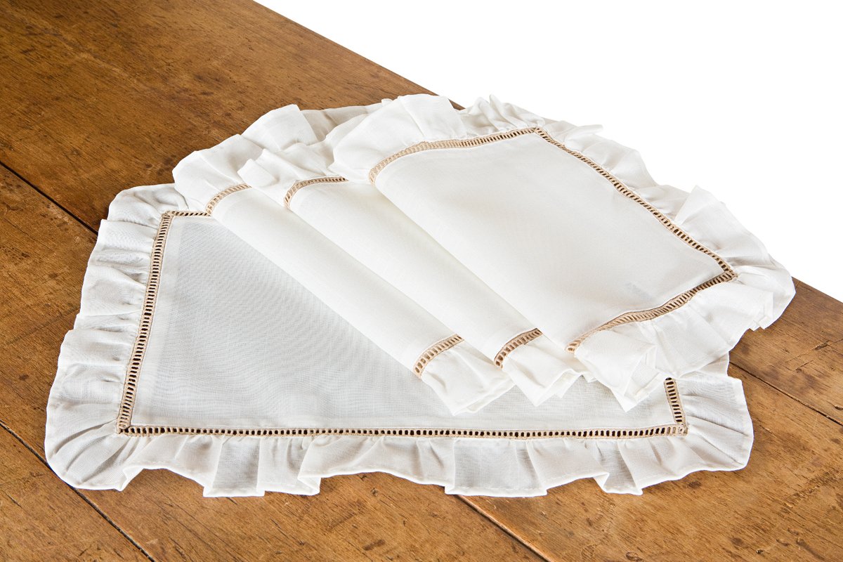 Set of 4 XD15105 Hemstitch/Ruffle Trim Placemats showcasing elegant design with ruffle accents and hemstitch detailing.