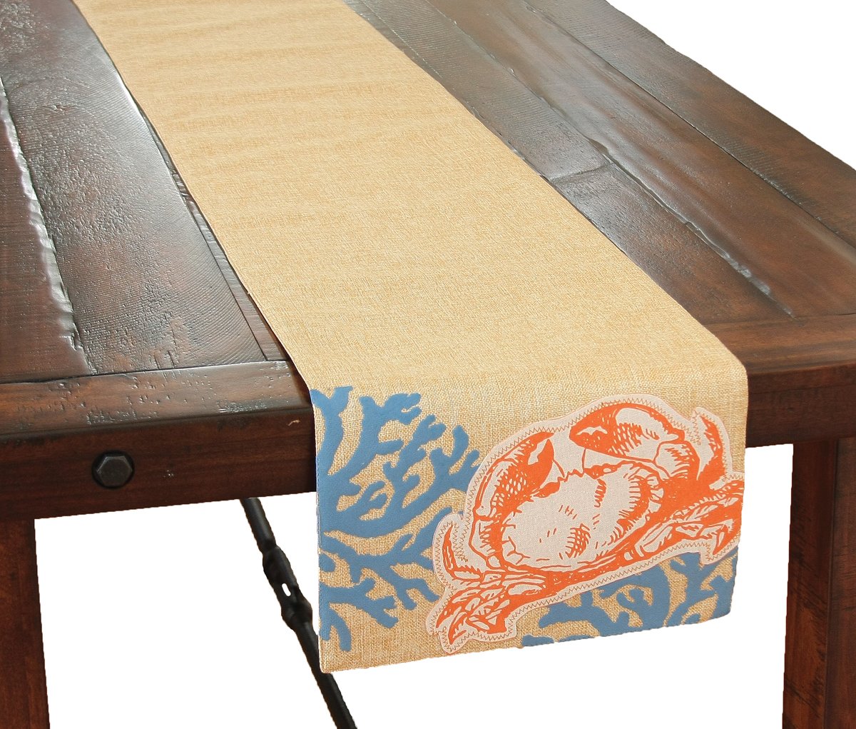 XD15135 Applique Crab Coastal Table Runner featuring a crab design on faux burlap with coral accents, perfect for coastal decor.