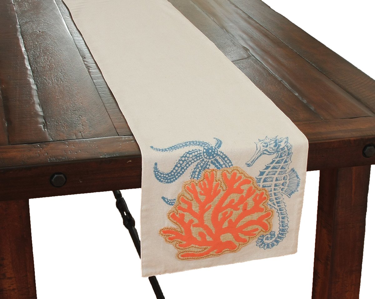 XD15136 Applique Sea Life Coastal Table Runner featuring a sea horse and starfish design on natural fabric.