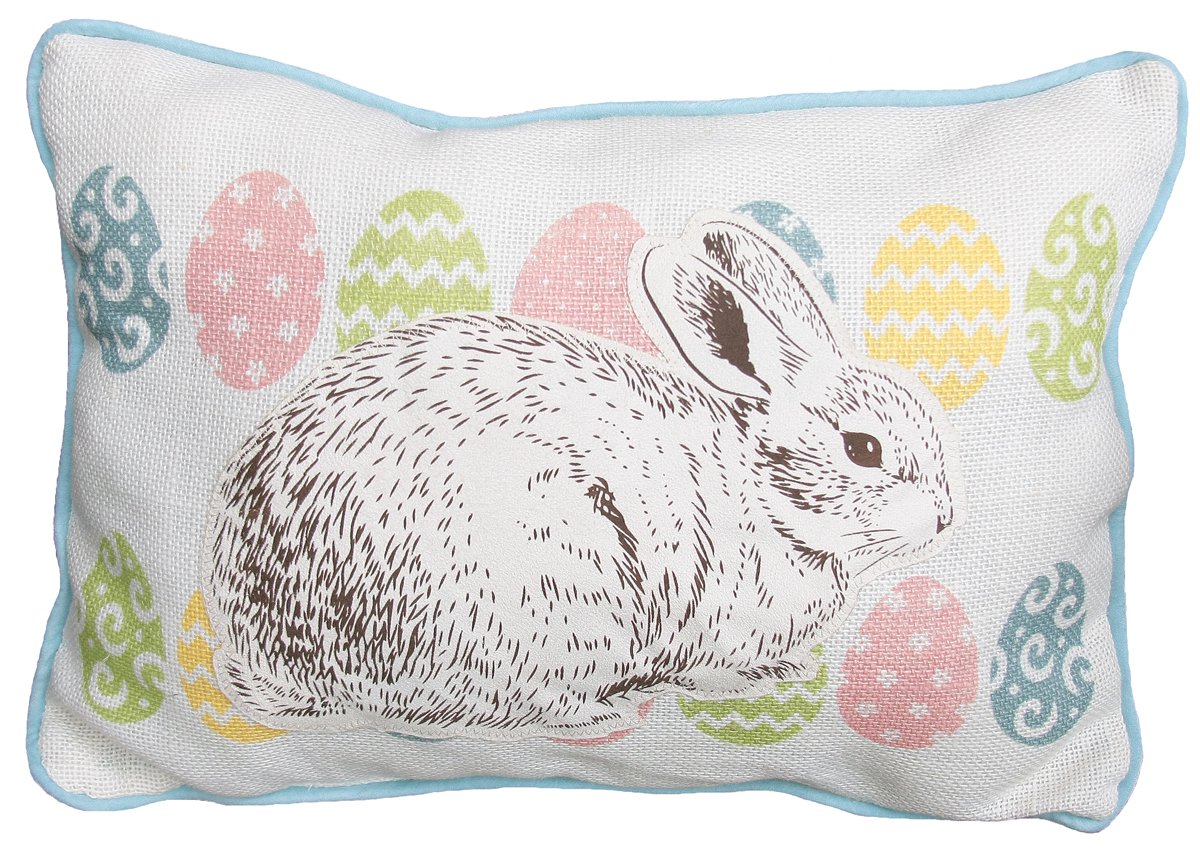 XD15151 Bunny Eggs Applique Jute Pillow featuring colorful Easter eggs and a cute bunny design on rustic burlap.