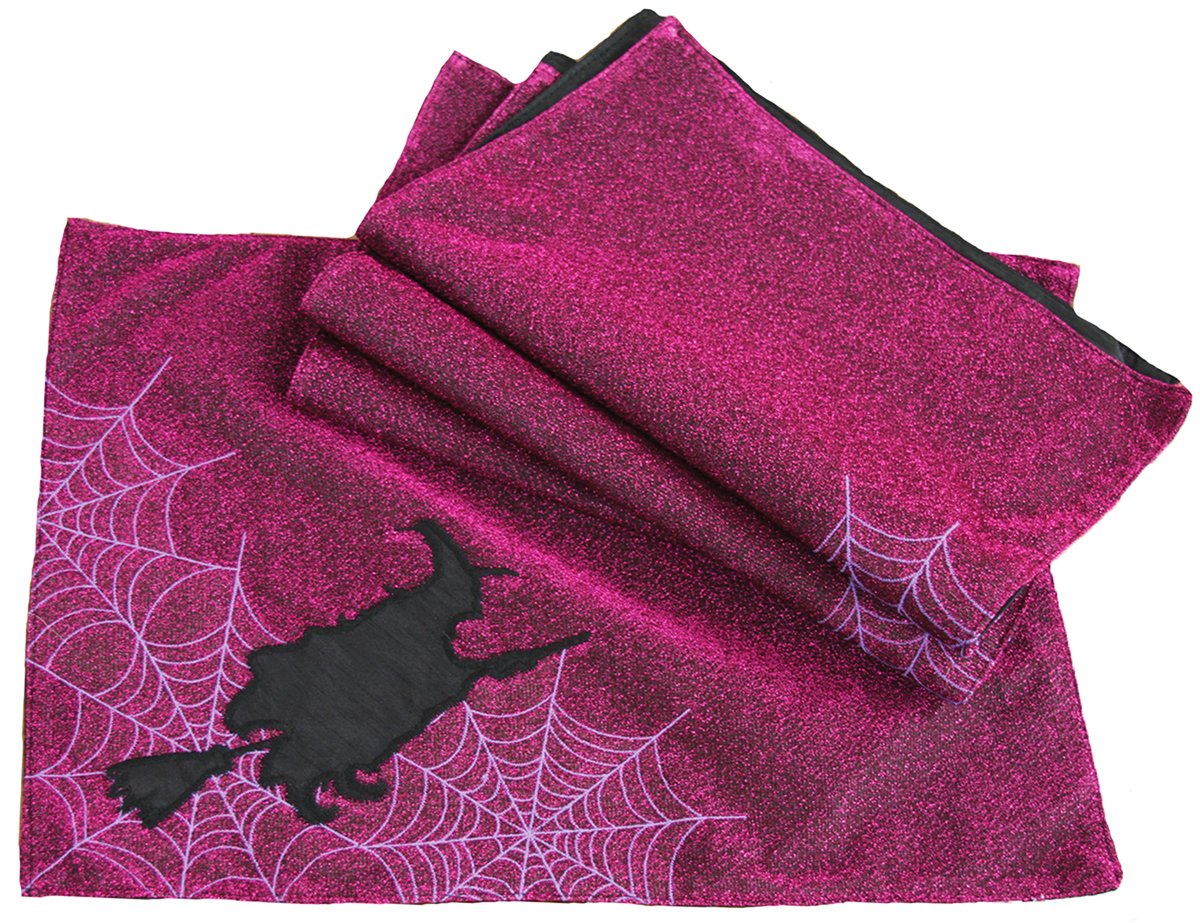 Set of 4 XD15805 Witching Hour Placemats featuring a black witch silhouette and spider web design with glittery ruffles and pom-poms.