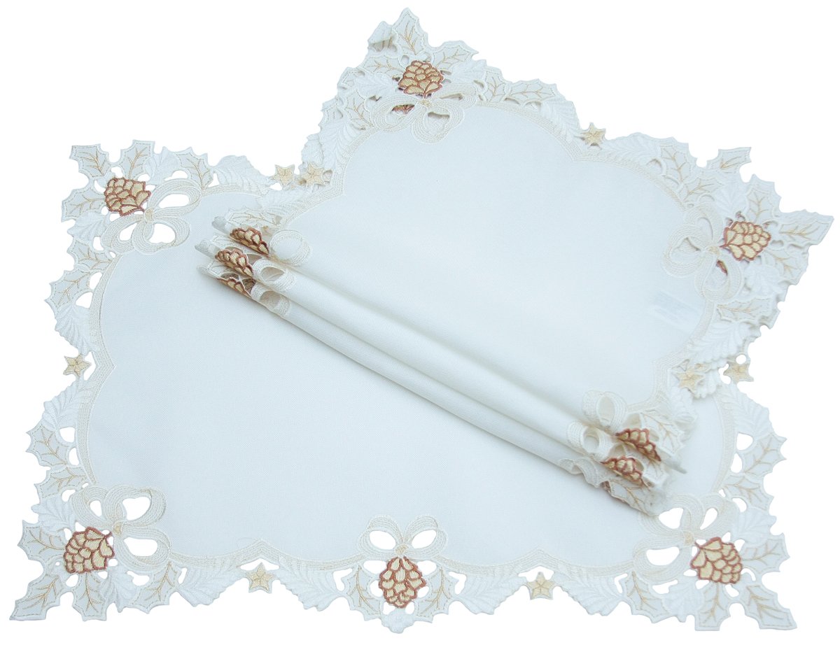 Set of 4 XD15807 Gilded Pines Placemats featuring golden pinecone embroidery and scalloped edges on a muted background.