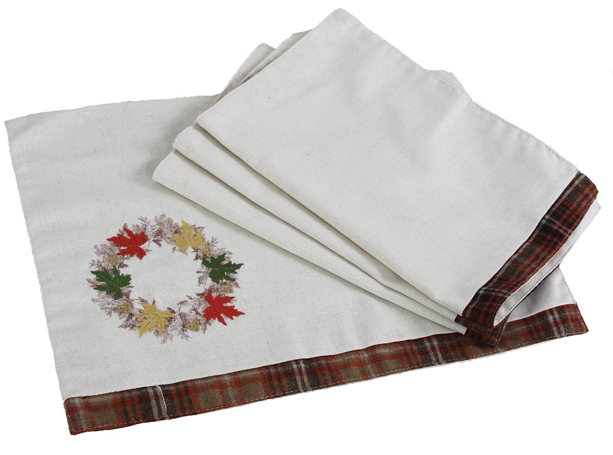 Set of 4 XD15833 Maple Wreath Placemats featuring intricate embroidery, button accents, and autumnal tartan trim, perfect for fall decor.