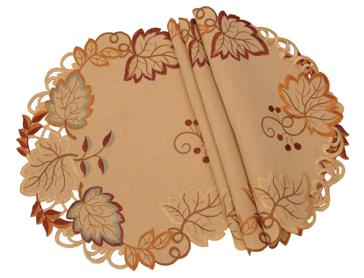 Set of 4 Harvest Verdure Doilies featuring embroidered fall leaves in rich autumn colors, perfect for Thanksgiving table settings.