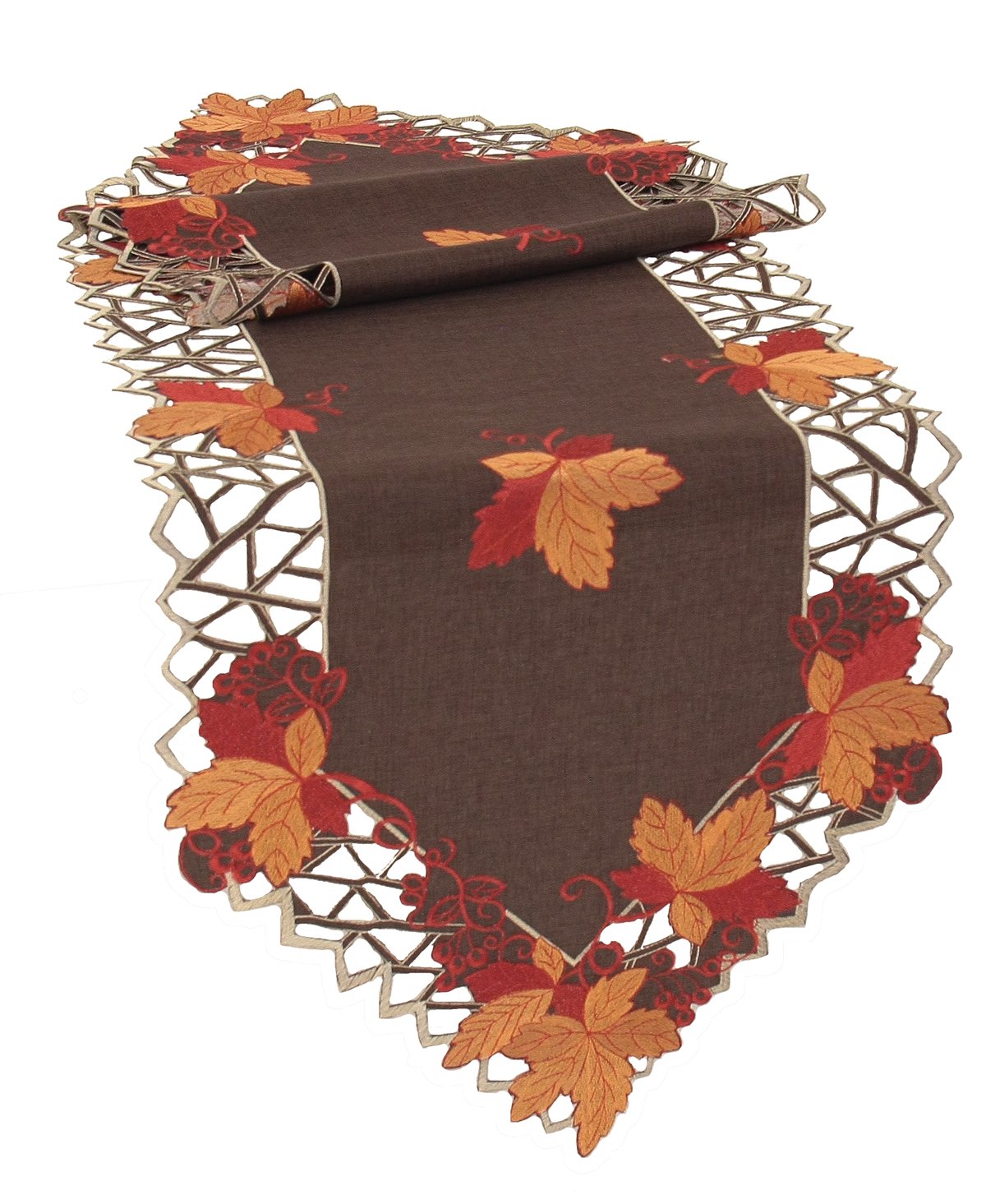 XD160908 Harvest Hues Table Runner featuring embroidered fall leaves in rich autumn colors, perfect for Thanksgiving decor.