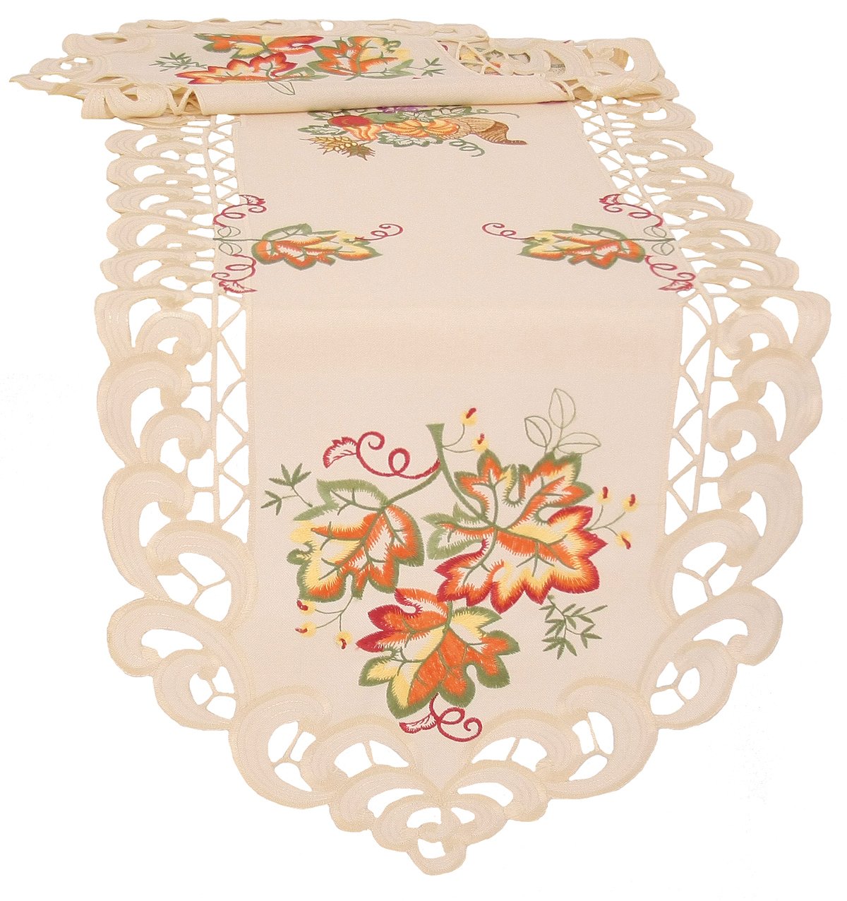 XD160919 Thankful Leaf Table Runner featuring embroidered fall leaves in rich autumn colors, perfect for Thanksgiving dining.