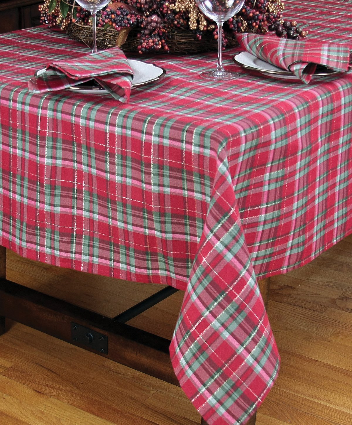 XD111618 Holiday Tartan Tablecloth featuring a classic red and green plaid pattern, perfect for festive dining occasions.
