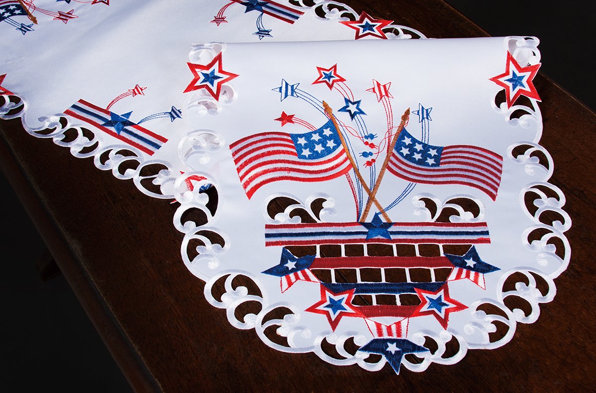 XD17105 Star Spangled Table Runner featuring American flags and shooting star fireworks design, perfect for patriotic celebrations.