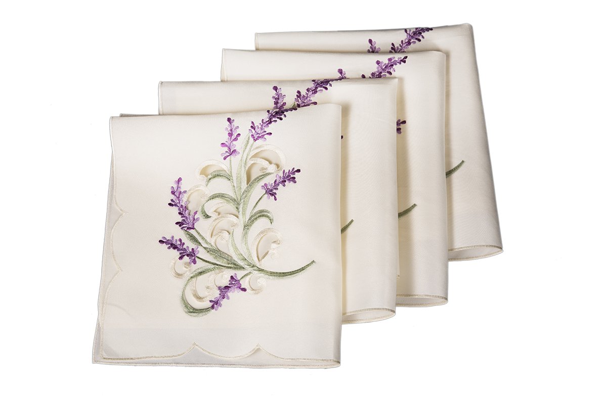 Set of 4 lavender lace napkins with scalloped edges and embroidered design, perfect for elegant table settings.