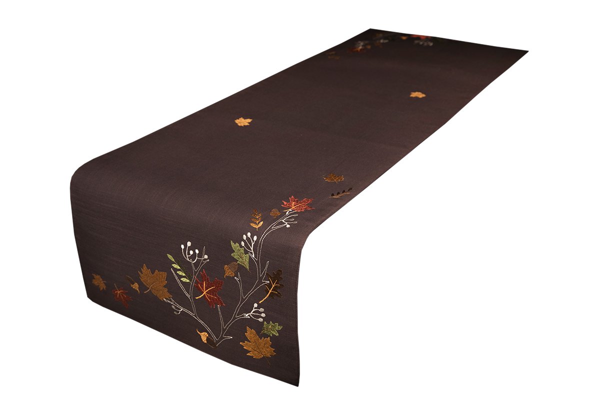 XD17147 Autumn Branches Table Runner featuring embroidered autumn leaves and pinecones in harvest colors.