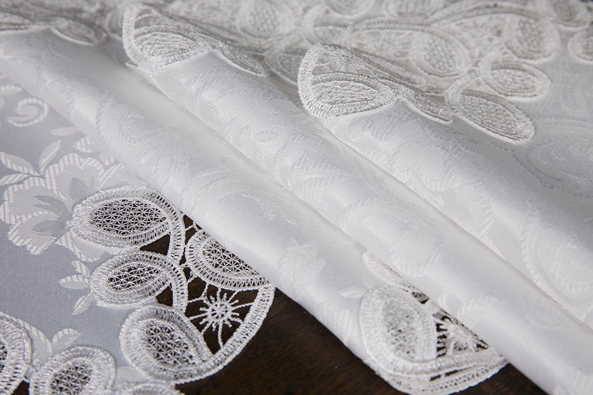 Set of 4 XD17190 Antebella Lace Placemats featuring intricate cutwork and elegant floral designs on pure white polyester fabric.
