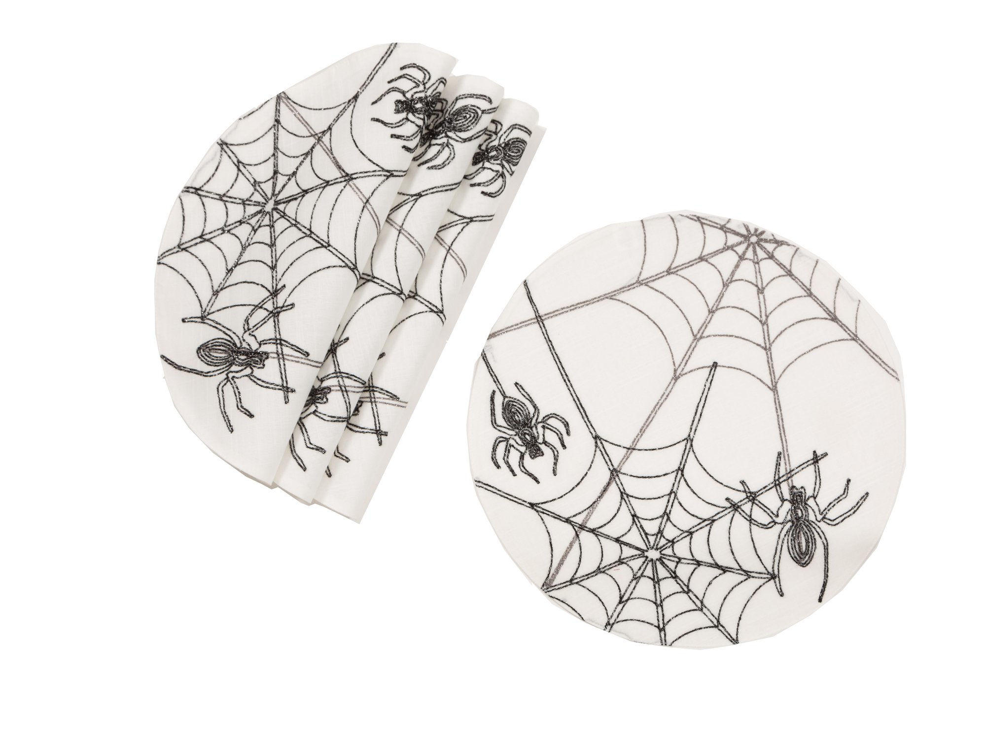 Set of 4 Halloween Spider Web Placemats in black and white, featuring intricate embroidered spider web designs on thick fabric.