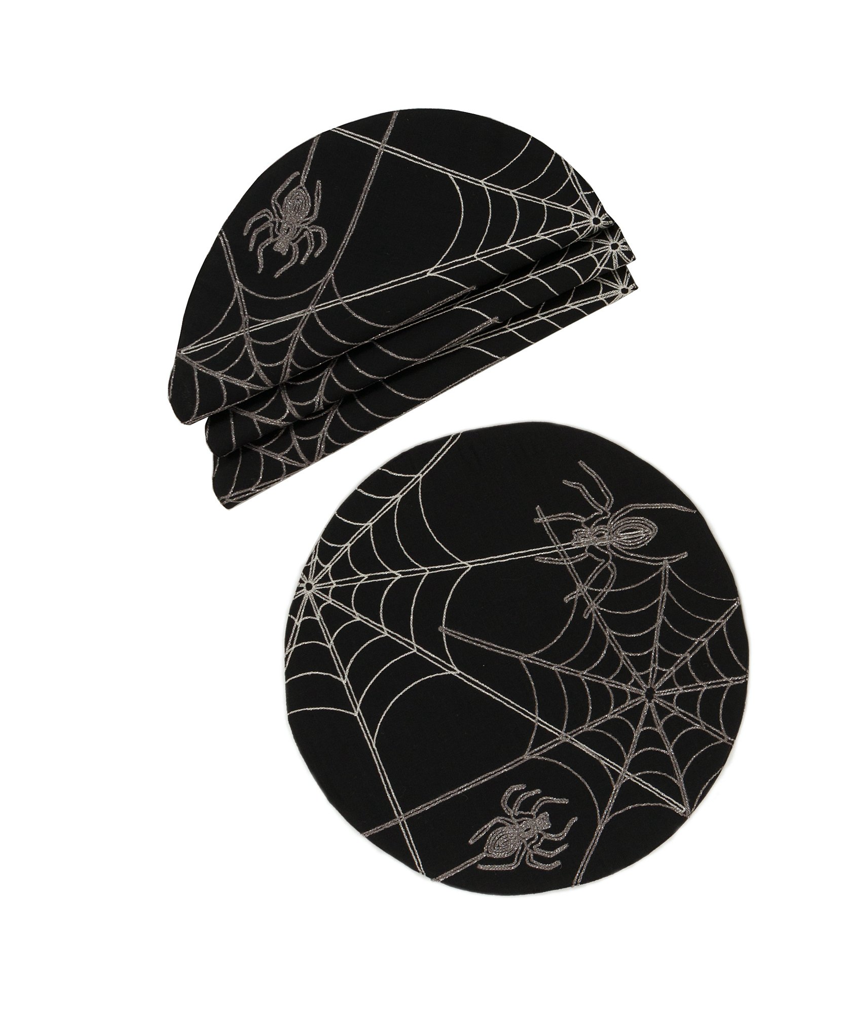 Set of 4 Halloween Spider Web Placemats in black and white, featuring intricate embroidered spider web designs on thick fabric.
