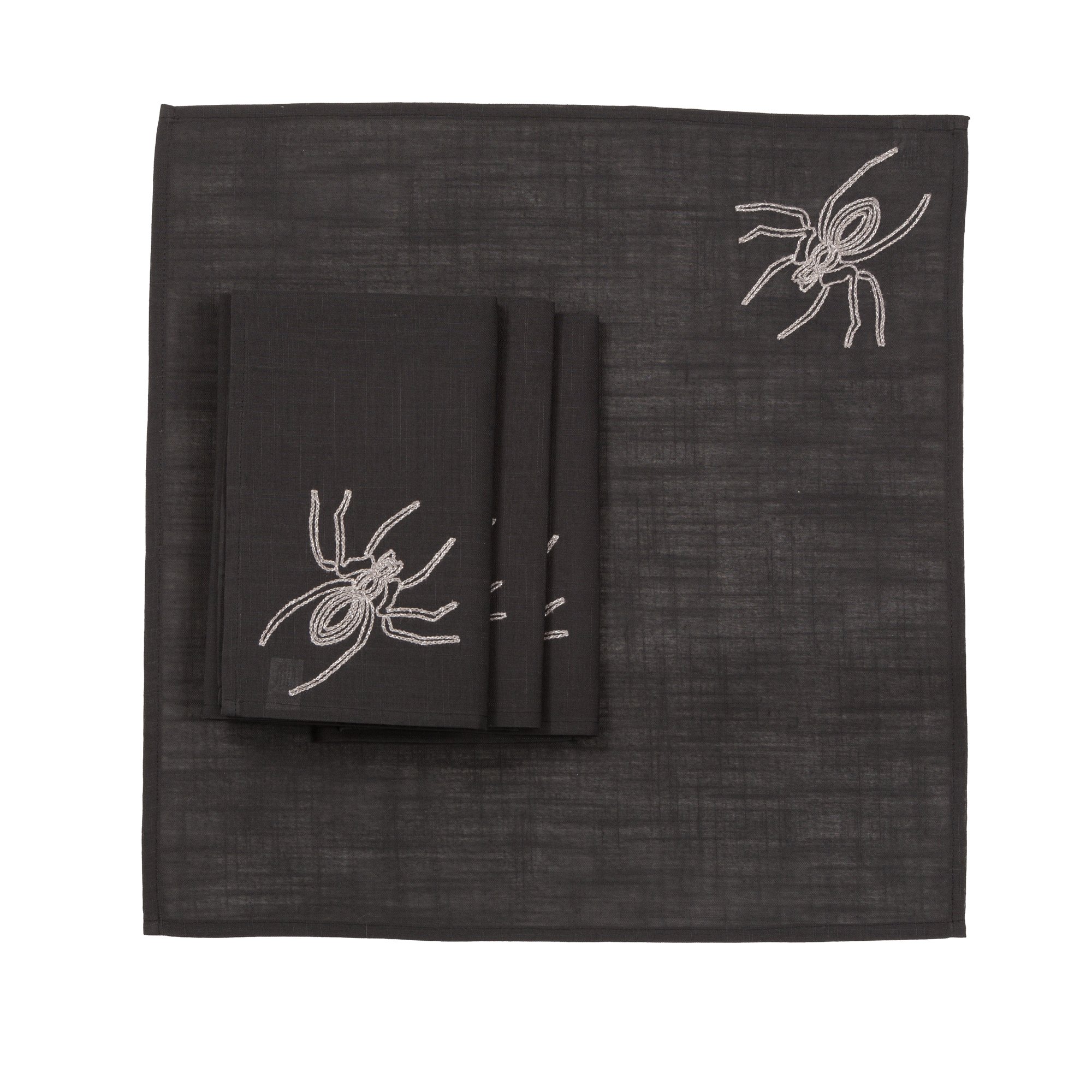 Set of 4 Halloween Spider Web Napkins in white and black, featuring vivid embroidered spider web design on thick fabric.