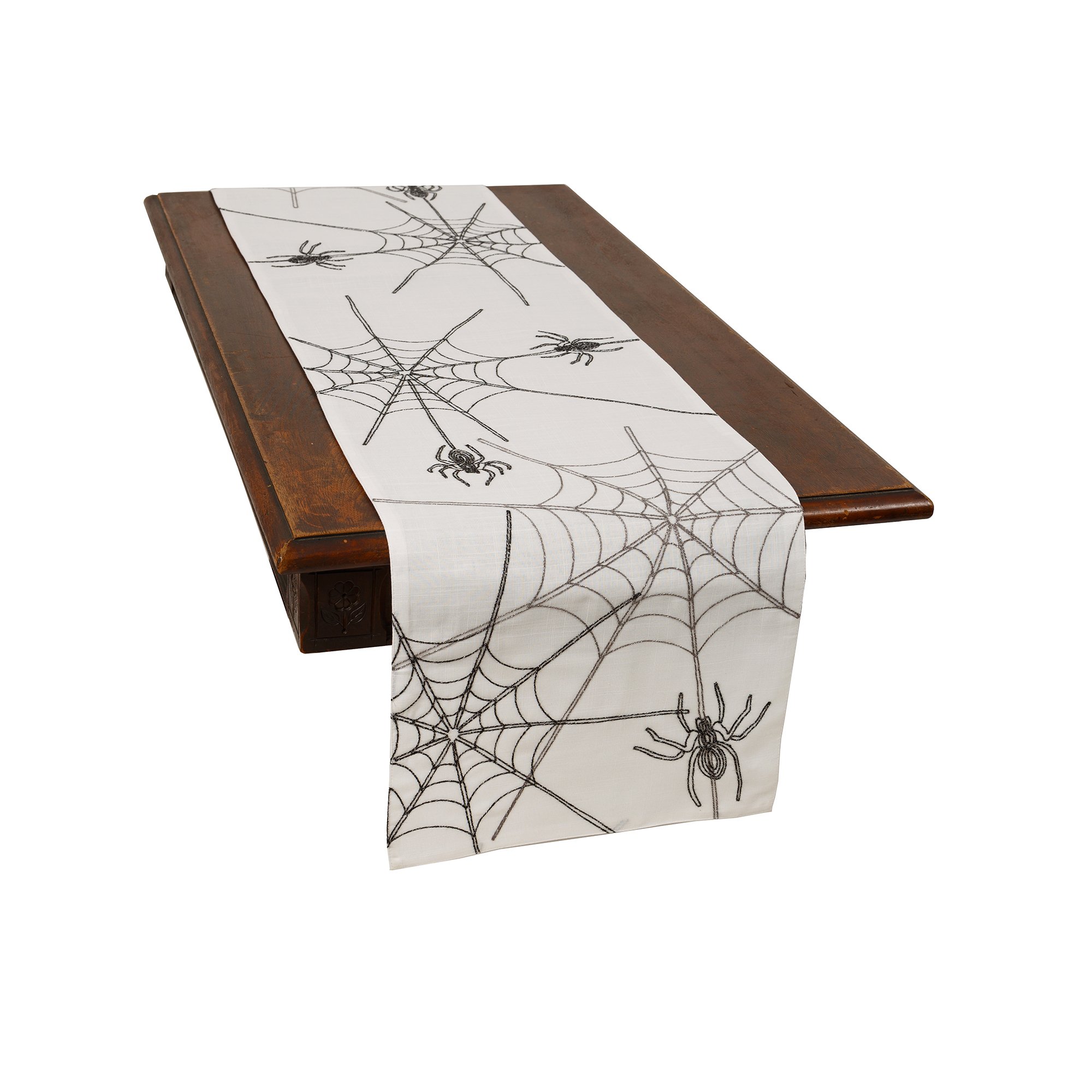 XD18801 Halloween Spider Web Table Runner in black and white, featuring a vivid spider web embroidery on thick fabric.