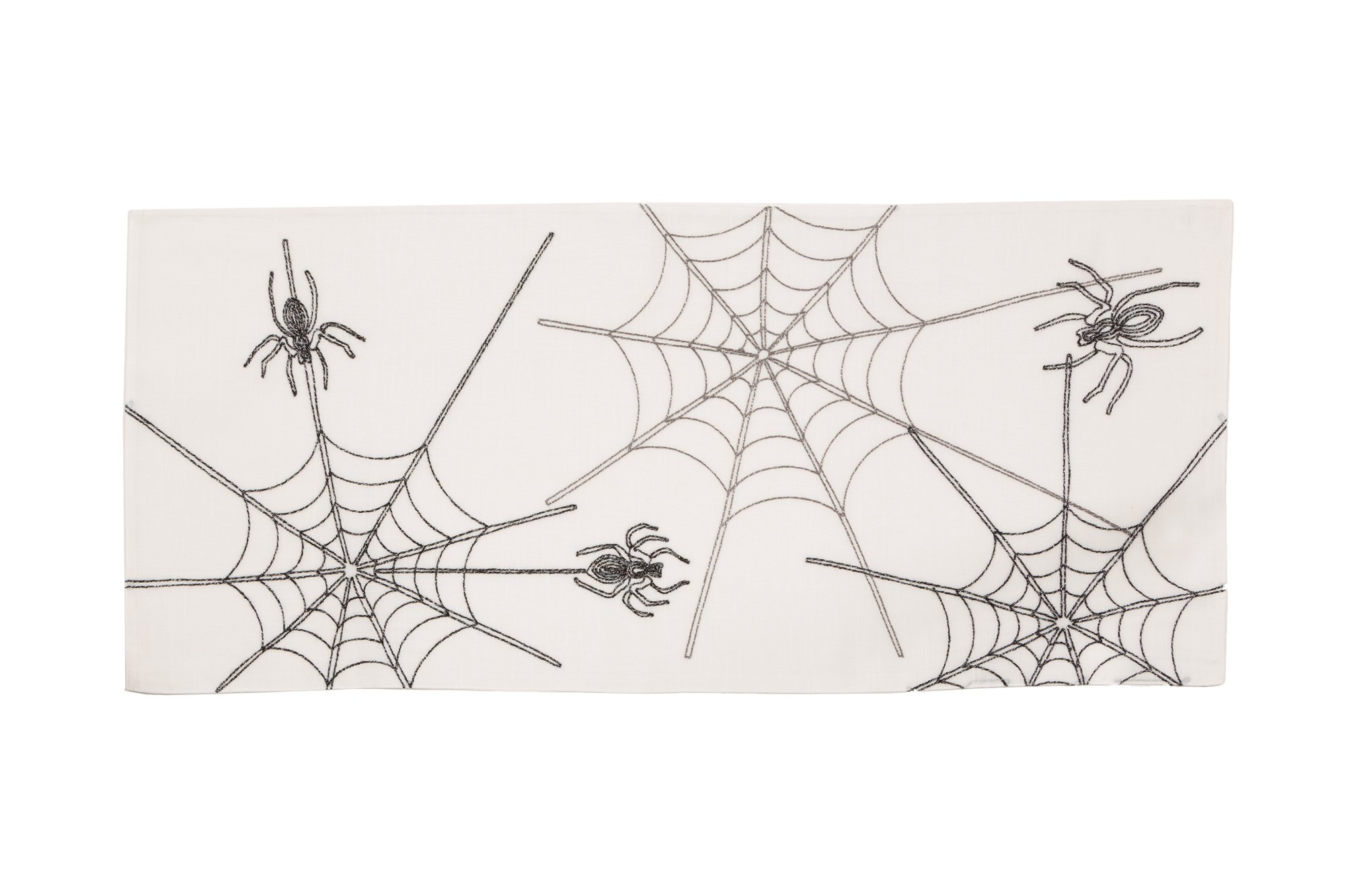 XD18801 Halloween Spider Web Table Runner in black and white, featuring a vivid spider web embroidery on thick fabric.