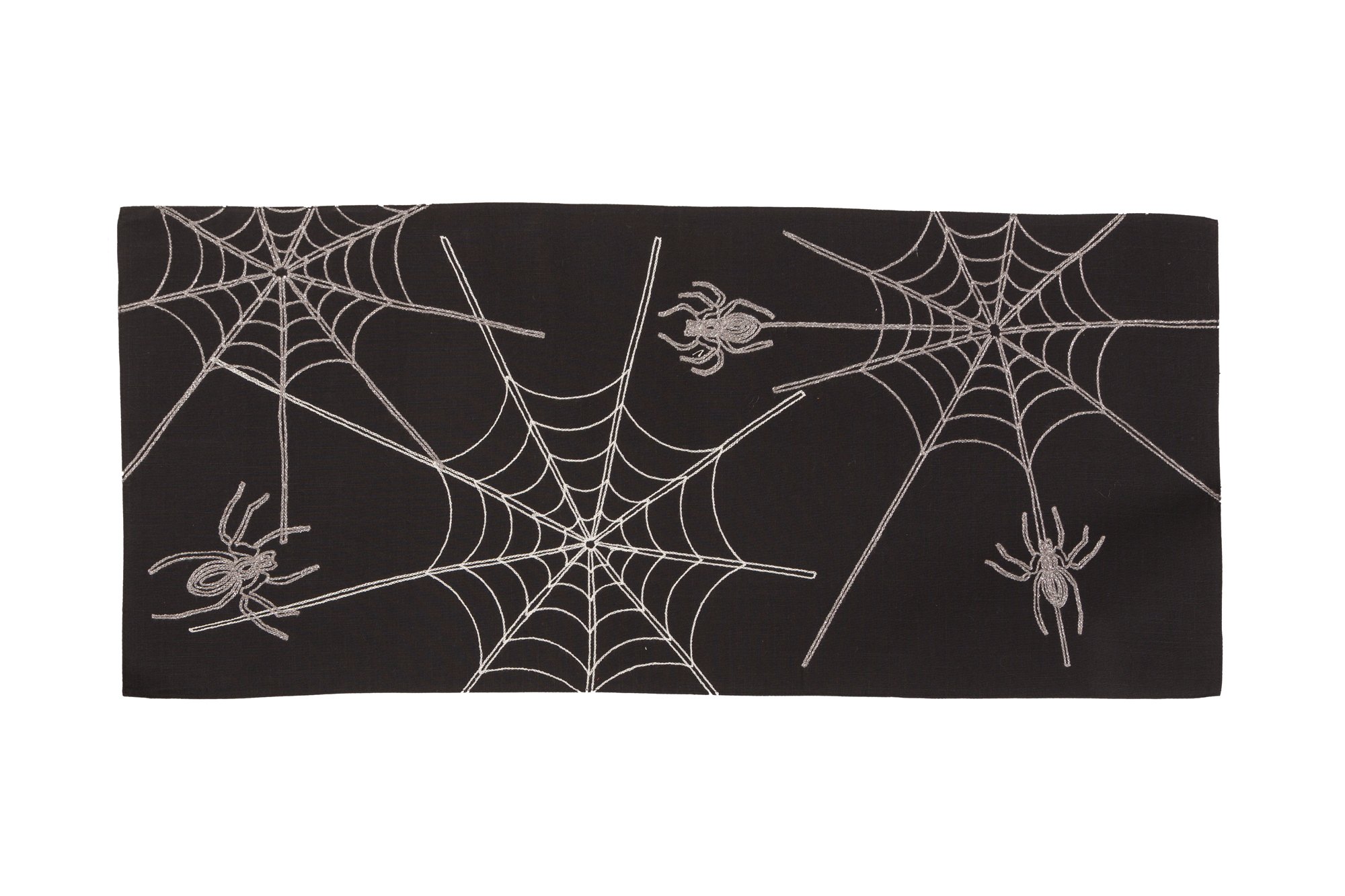 XD18801 Halloween Spider Web Table Runner in black and white, featuring a vivid spider web embroidery on thick fabric.