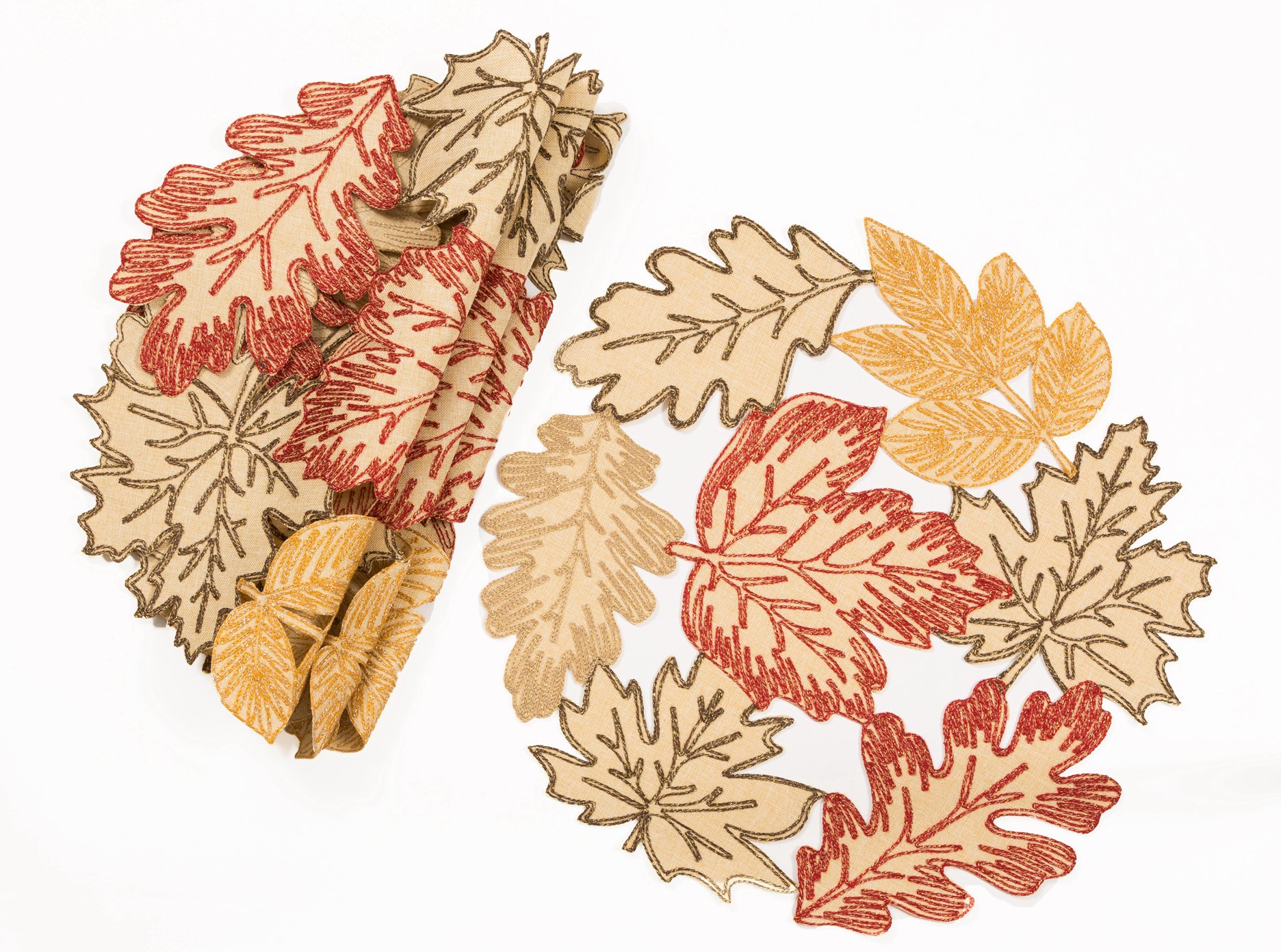 Set of 4 XD18805 Autumn Leaves 16'' Placemats featuring rich fall foliage in shimmering embroidery, perfect for Thanksgiving and autumn decor.