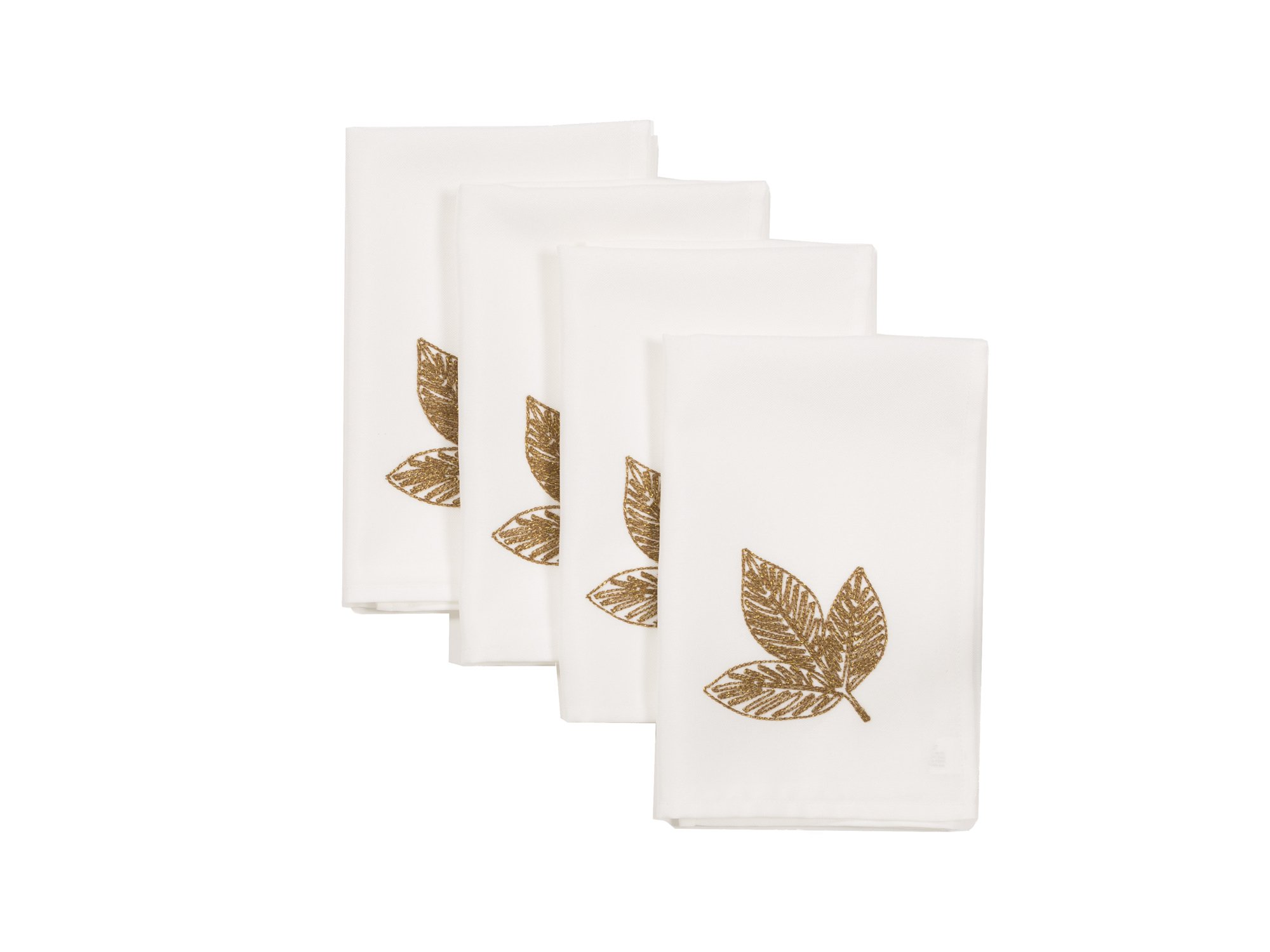 Set of 4 XD18805 Autumn Leaves napkins featuring shimmering embroidered leaf designs in warm autumn colors.