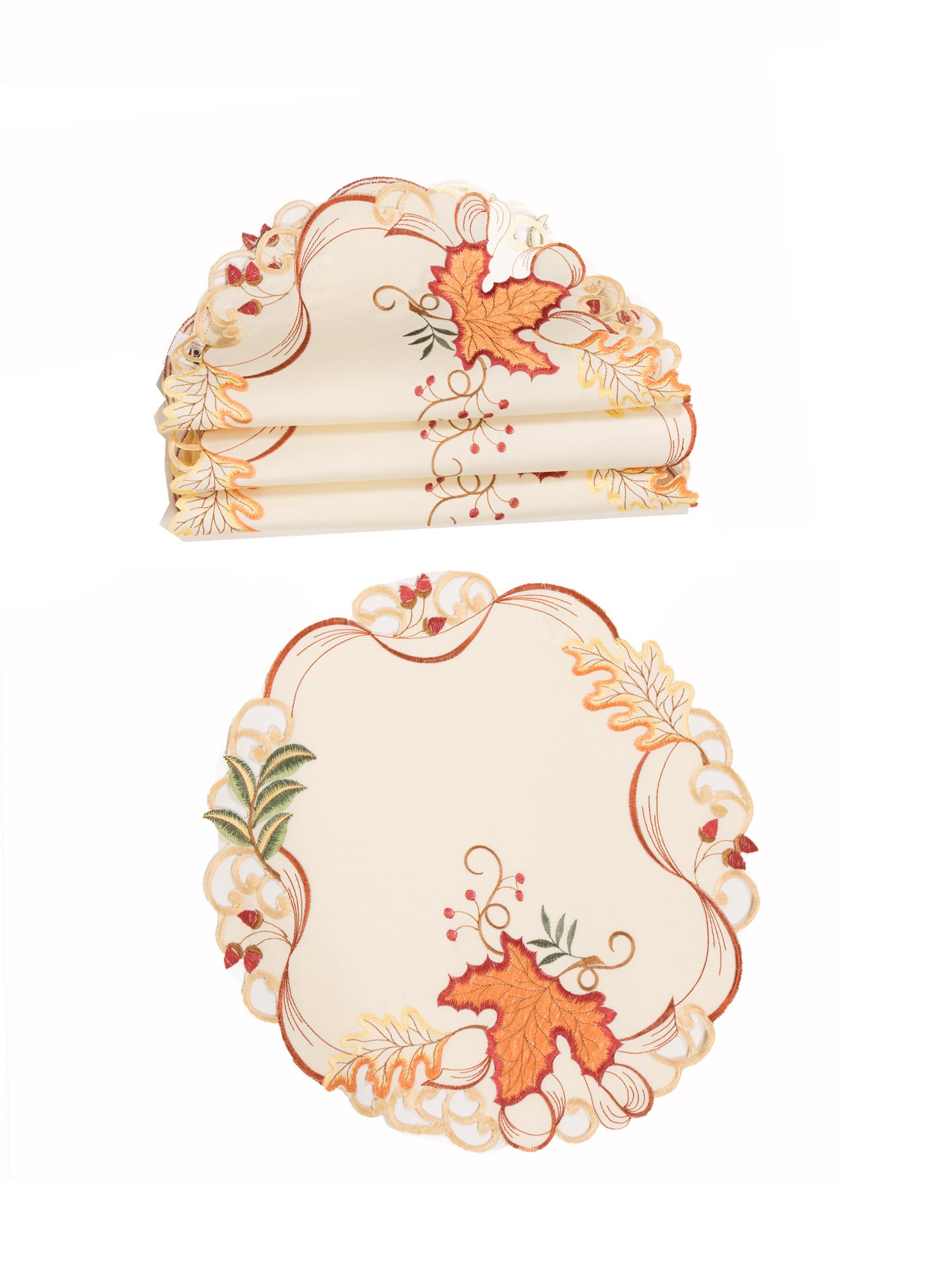 Set of 4 XD18808 Falling Leaves Placemats featuring hand-rendered cutwork and vibrant fall leaf embroidery in rich autumn colors.