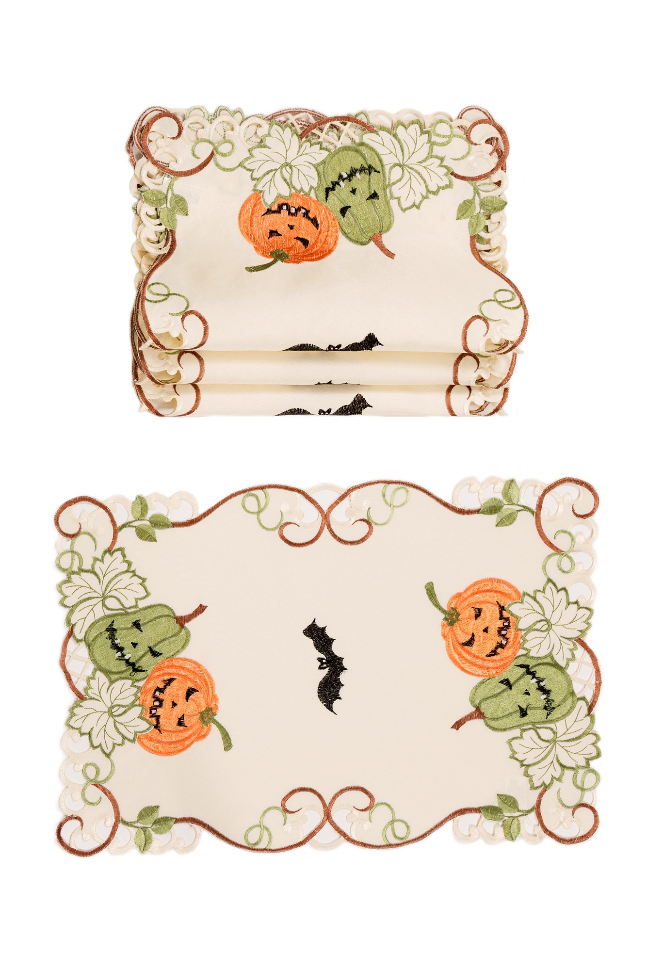 Set of 4 Halloween Jack-O-Lantern Placemats featuring embroidered designs on ivory fabric, perfect for festive table settings.