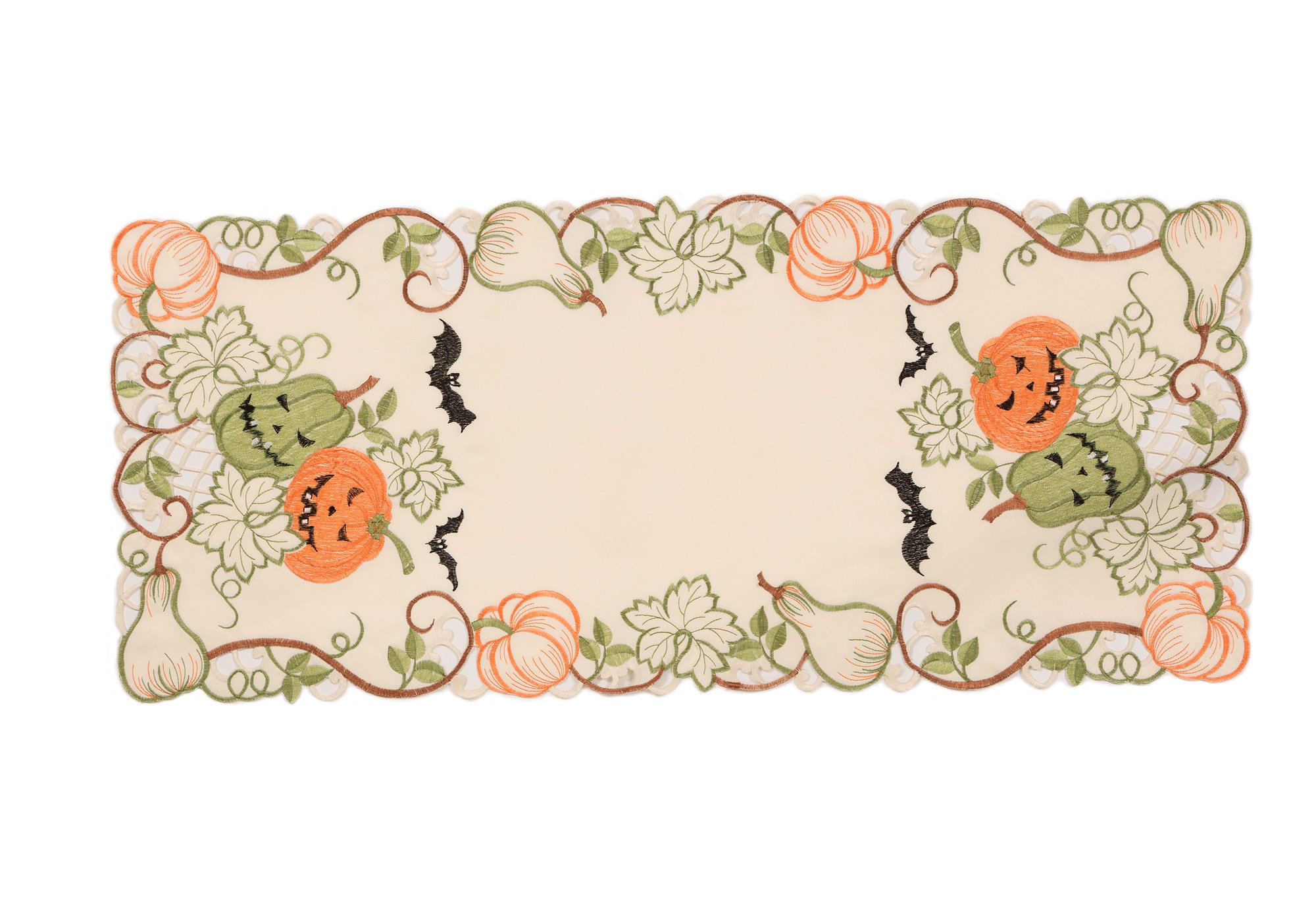 XD18809 Halloween Jack-O-Lanterns Table Runner featuring embroidered jack-o-lanterns on ivory fabric, perfect for Halloween decor.