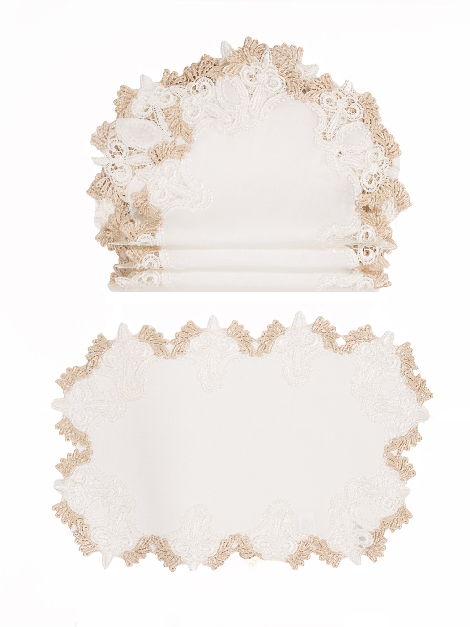 Set of 4 XD18214 Anais Elegant Lace Placemats featuring intricate lace trim and gold accents, perfect for enhancing dining decor.