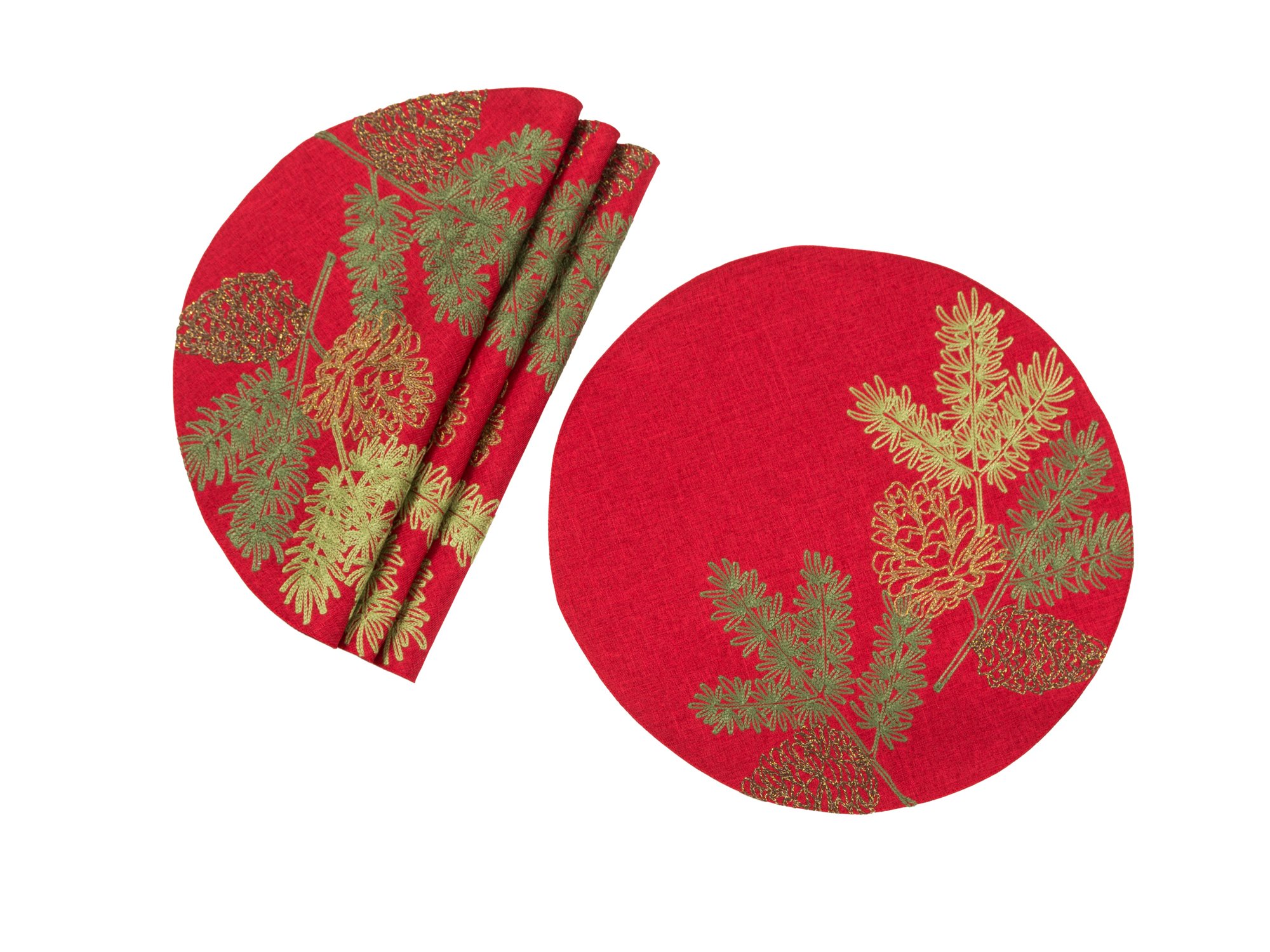 Set of 4 Christmas Pine Tree Branches placemats on a festive table, featuring intricate embroidery on a red background.