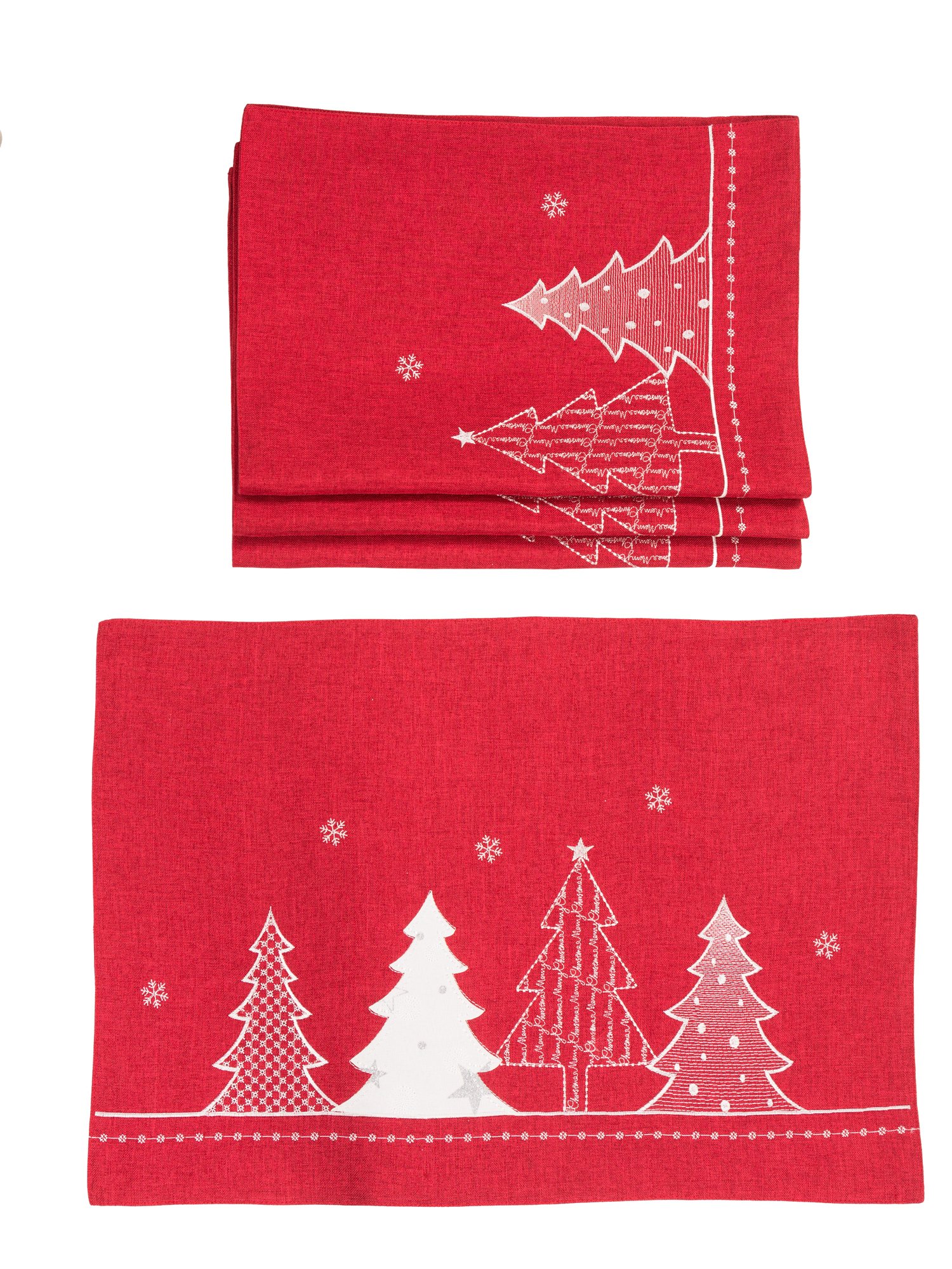 Set of 4 Lovely Christmas Tree Placemats featuring embroidered fairytale tree design on red and gray backgrounds.